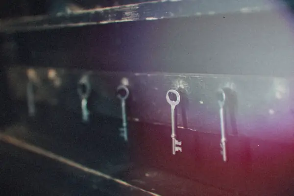 A row of old skeleton keys hanging on hooks against a dark wall.