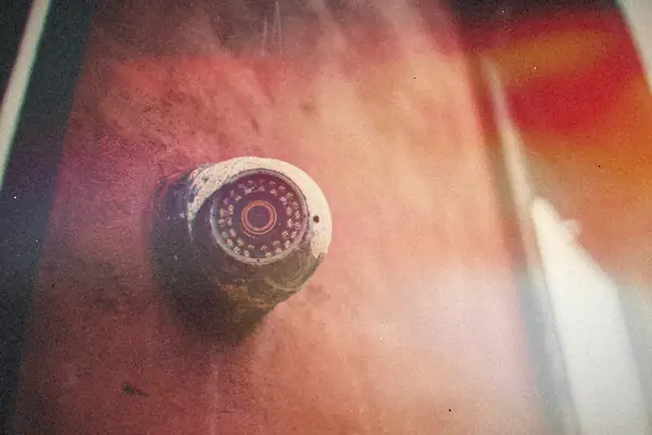 An old weathered security camera mounted on a rough red wall.
