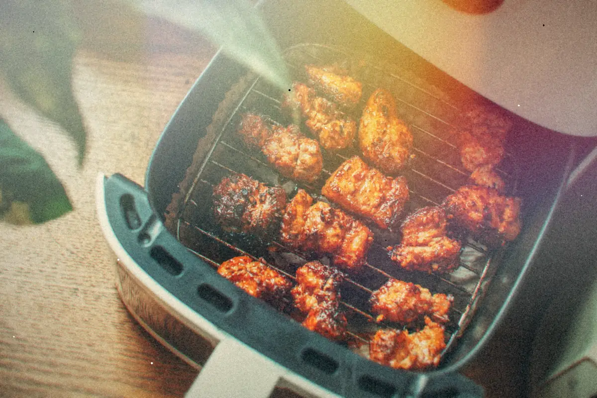 Crispy browned chicken pieces on the rack of an open air fryer basket.