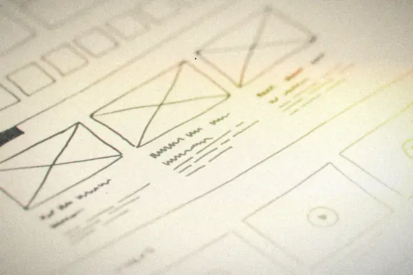 Hand-drawn app wireframes sketched in pencil on sheets of paper.