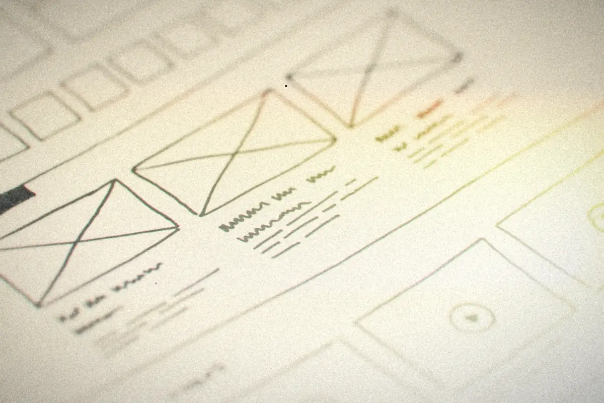 Hand-drawn app wireframes sketched in pencil on sheets of paper.
