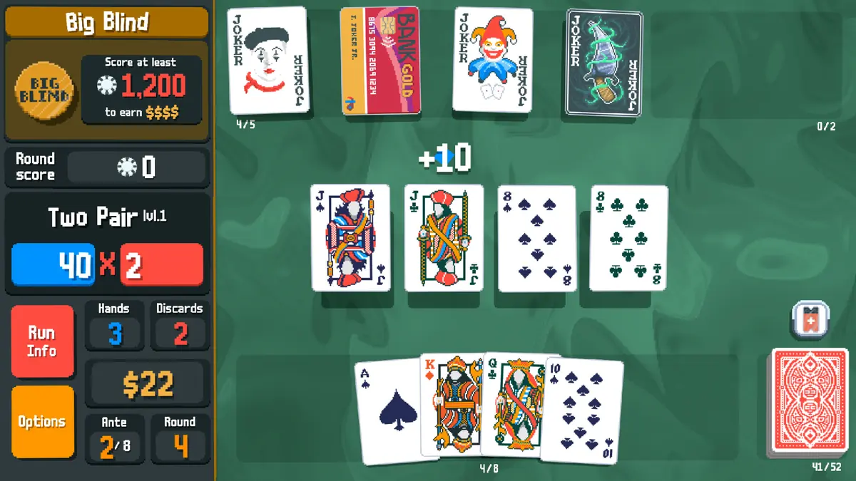 The Balatro play area with a hand of cards, a score counter and chips and multiplier boxes on a green background.