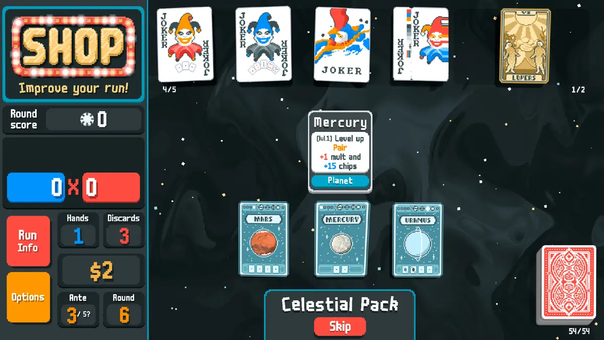 The Balatro shop screen with jokers for sale and a Celestial Pack of planet cards.