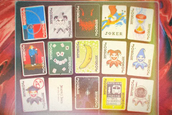 A grid of illustrated joker cards from Balatro laid out on a red swirling background.