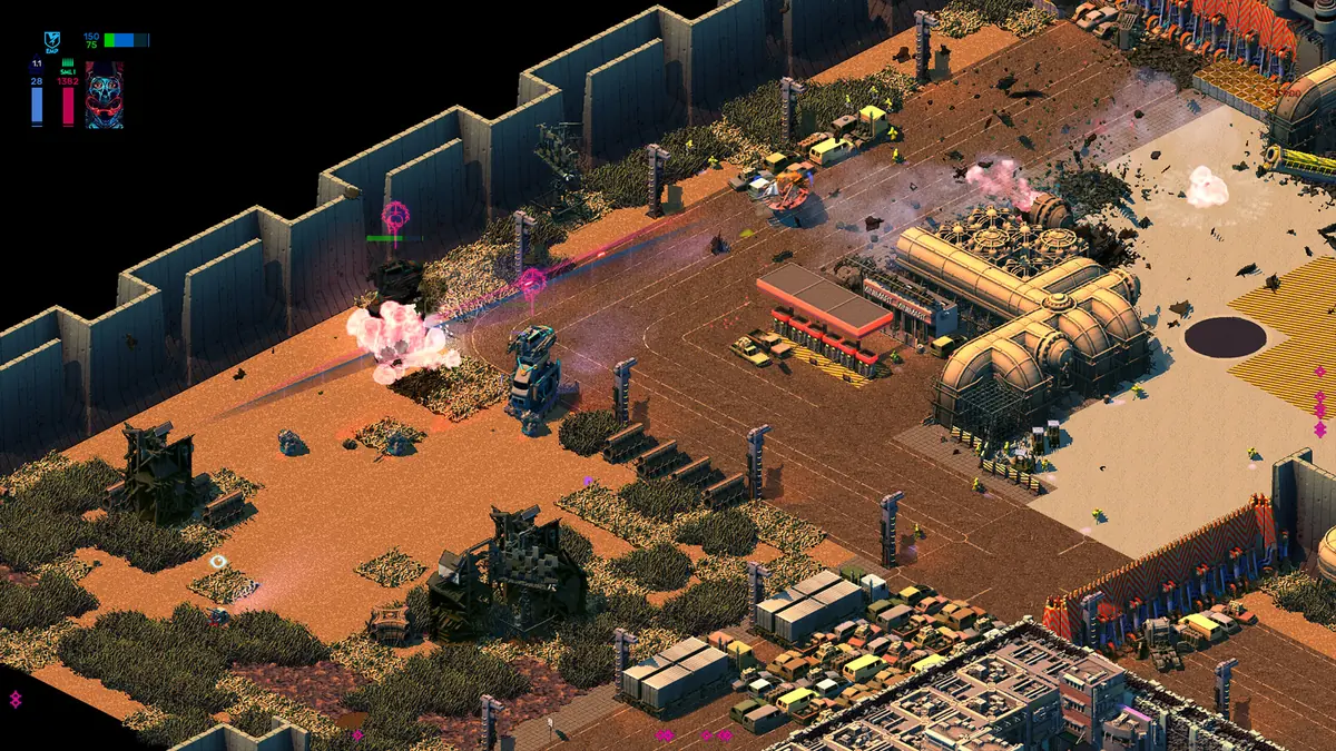 An isometric view of Brigador's desert district with a mech firing near buildings and parked cars.