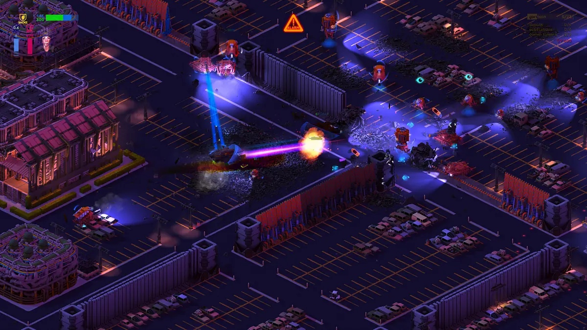 Blue lasers crossing a neon-lit Brigador street at night as a mech fights near a parking lot.