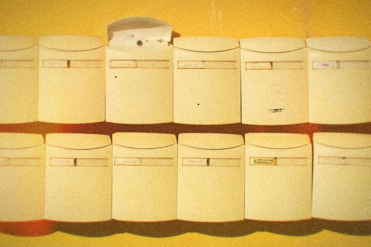 Rows of identical cream-colored mailboxes mounted on a bright yellow wall.