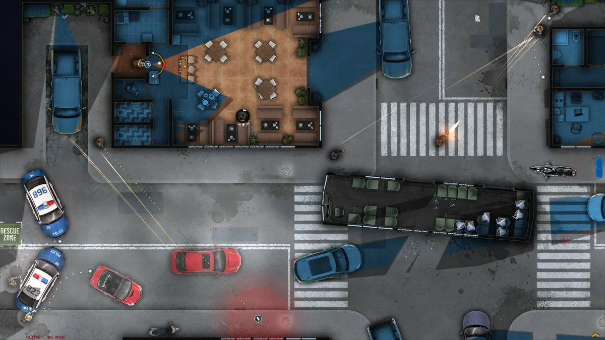 A top-down Door Kickers street scene with police cars, parked vehicles and a team moving into a building.