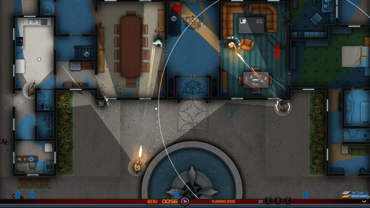 An overhead view of a Door Kickers team moving through an office building toward a plaza with a fountain.