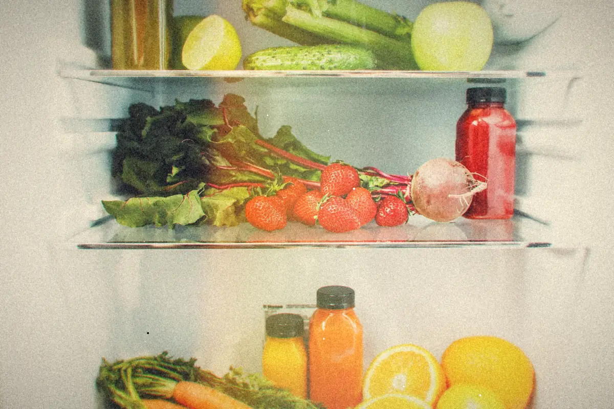 An open fridge stocked with fresh vegetables, fruit and juice on glass shelves.