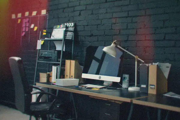 A home office desk with a computer monitor, desk lamp and a row of file folders and magazine holders.