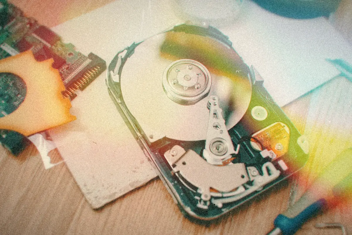A disassembled hard drive with its platter exposed next to a circuit board and screwdriver on a workbench.