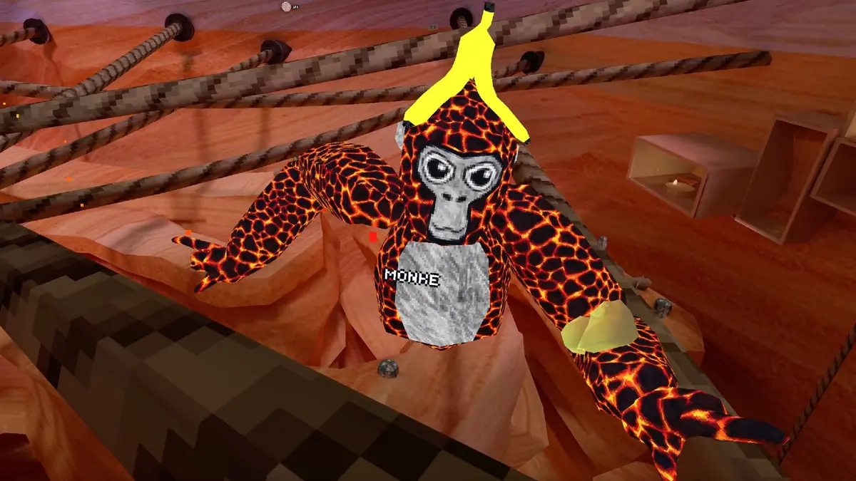 A group of colorful Gorilla Tag players in party hats and costumes gathered in a treehouse.