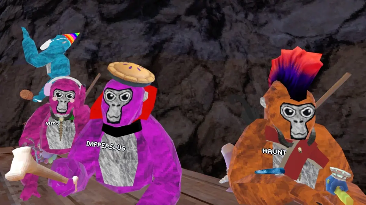 A Gorilla Tag player in a lava-patterned skin climbing across a wooden structure.