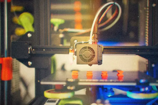 A 3D printer printing small plastic pieces.