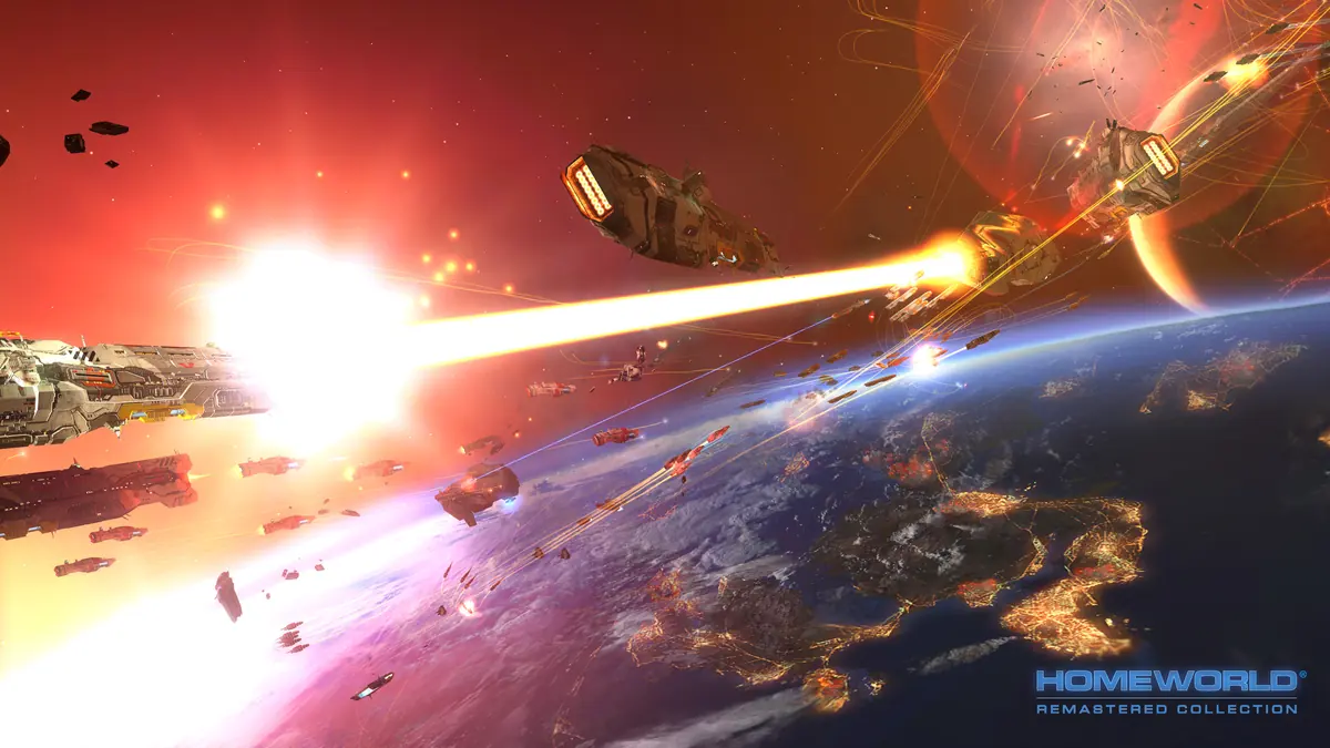 A cluster of Homeworld ships firing orange beams at a larger vessel above a glowing planet.