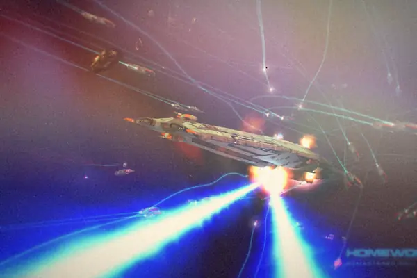 A Homeworld warship firing blue engines through a space battle full of laser tracers.