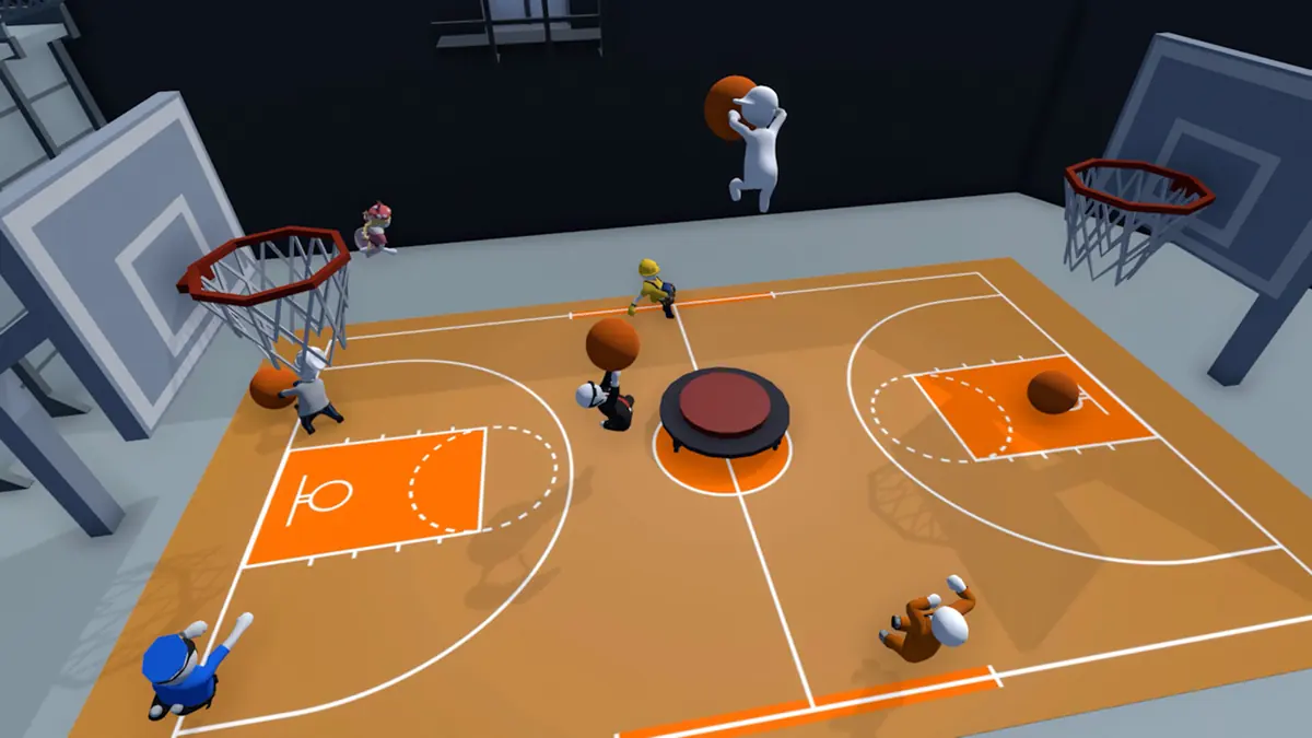 Small floppy characters bouncing around an orange basketball court in Human Fall Flat.