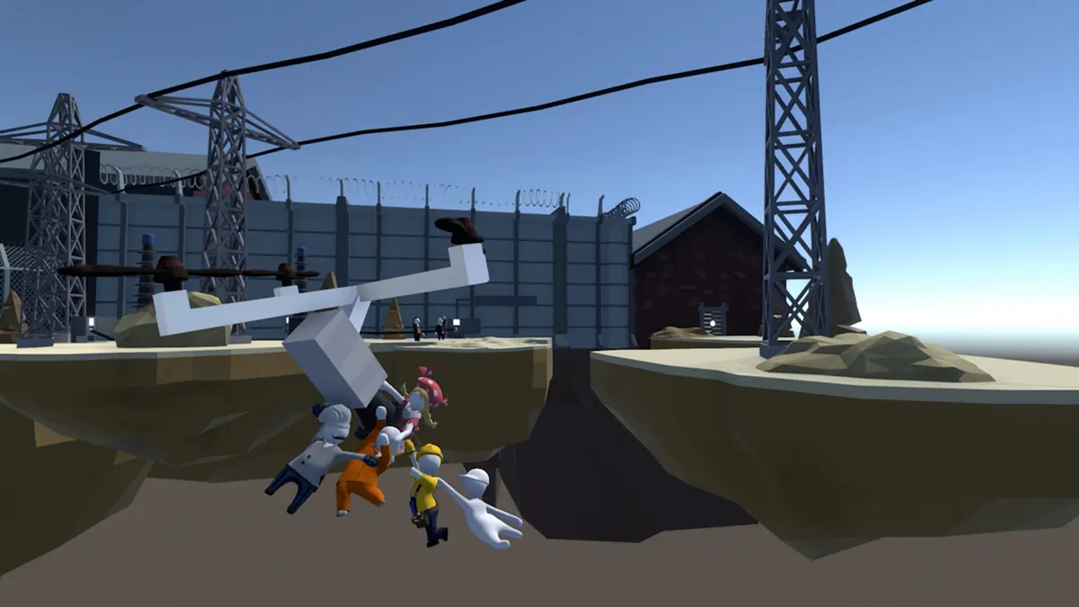 A tangle of Human Fall Flat characters dangling from a metal bridge under power lines.
