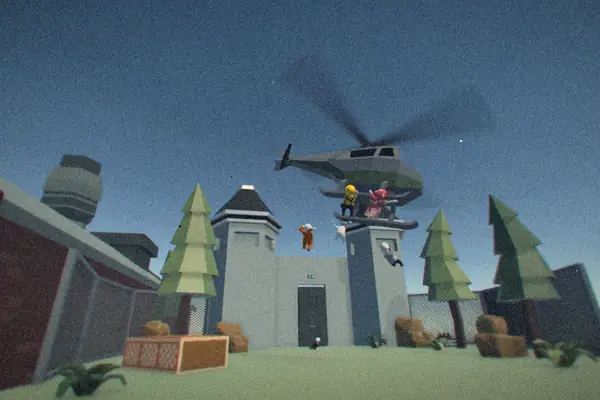 A low-poly castle with a helicopter hovering over it and small floppy characters climbing in Human Fall Flat.