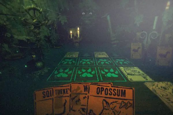 The candlelit card table in Inscryption, with animal cards like Opossum and Turkey laid in front of the player.