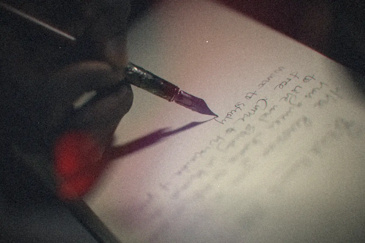 A hand writing a letter in ink with a fountain pen in low light.