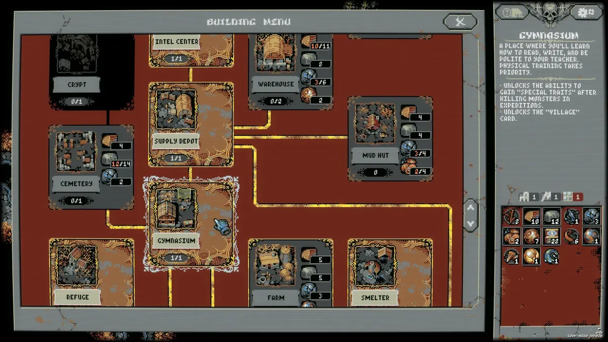 The Loop Hero building menu showing the camp's structures connected on a red grid.