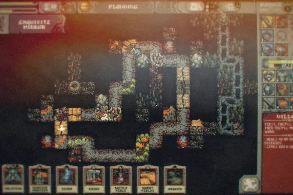 A dark pixel-art Loop Hero map with a looping road, card hand along the bottom and inventory on the right.