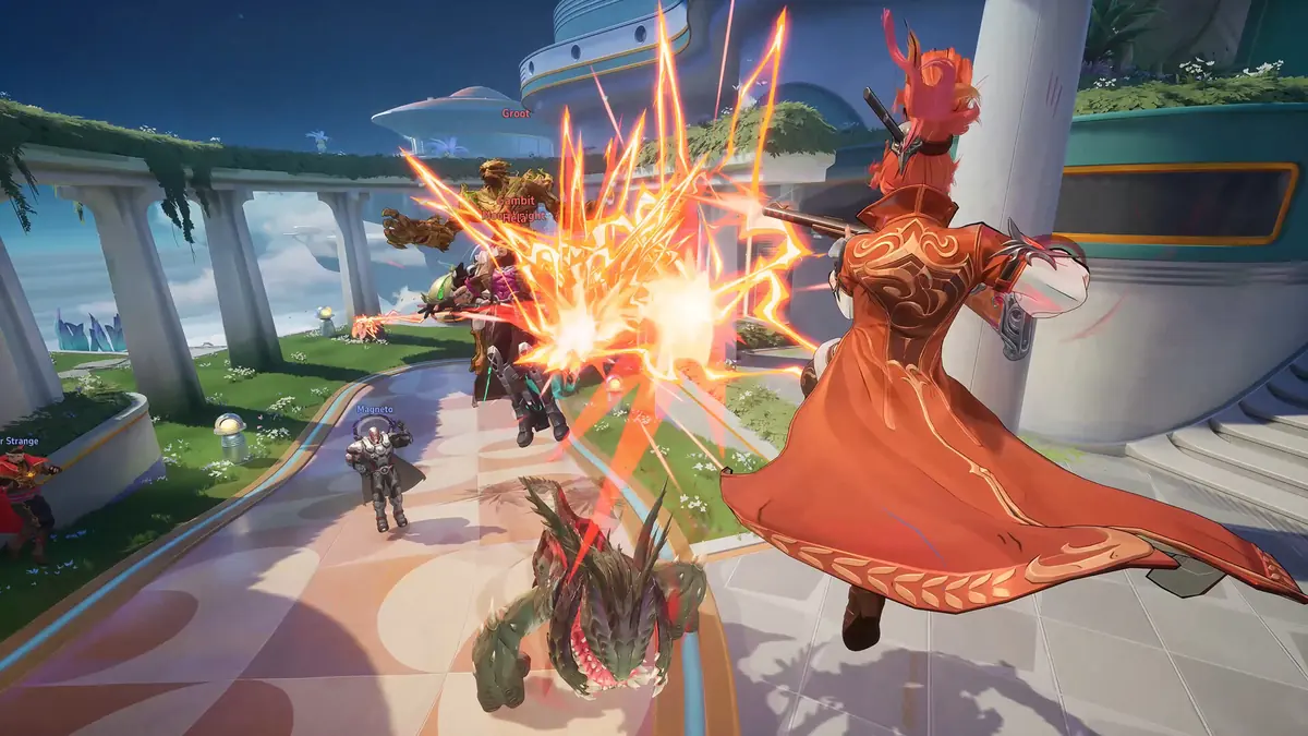 A red-haired hero in a long coat blasting through enemies on a sunny rooftop in Marvel Rivals.