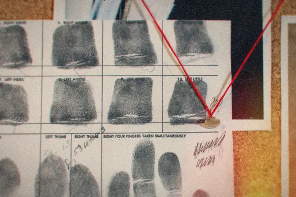 A fingerprint card pinned to a corkboard with red string.