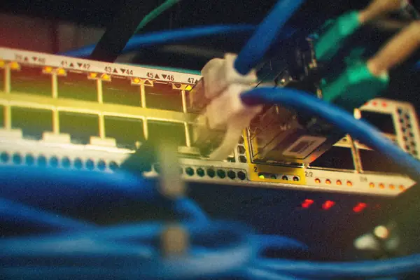 Blue ethernet cables plugged into a network switch with small red status lights glowing.