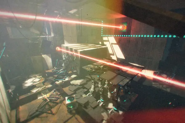 A ruined Portal 2 test chamber crossed by red laser beams and debris.
