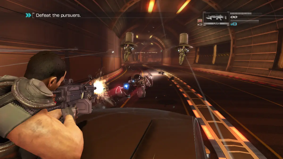 A soldier aiming a rifle down a corridor in Binary Domain, with robot enemies in the distance.