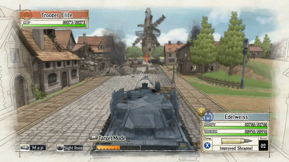 A tank rolling down a sunny village street past half-timbered houses and a windmill in Valkyria Chronicles.