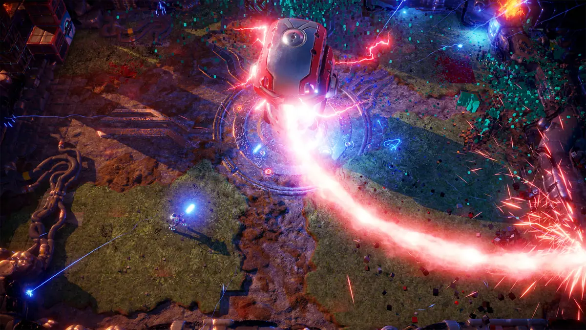 A neon twin-stick shooter arena in Nex Machina, with a glowing laser sweeping across a field of blocky voxel scenery.
