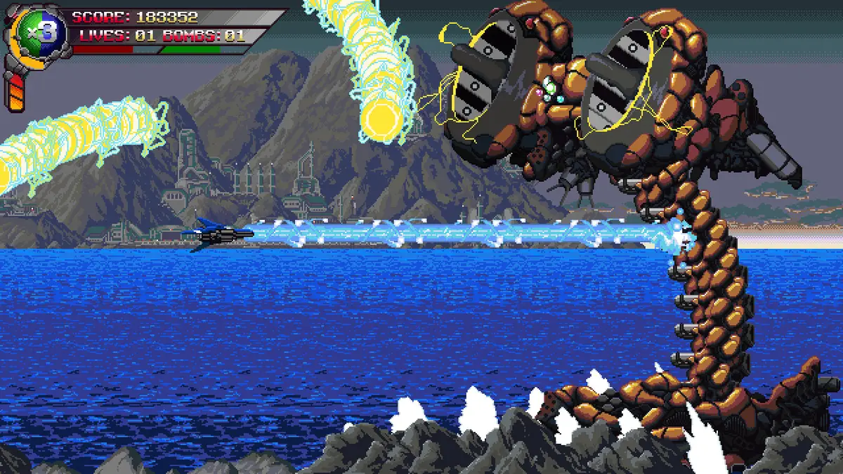 A colorful side-scrolling shooter scene in Devil Engine, with a small ship firing at a giant mechanical sea serpent over the ocean.