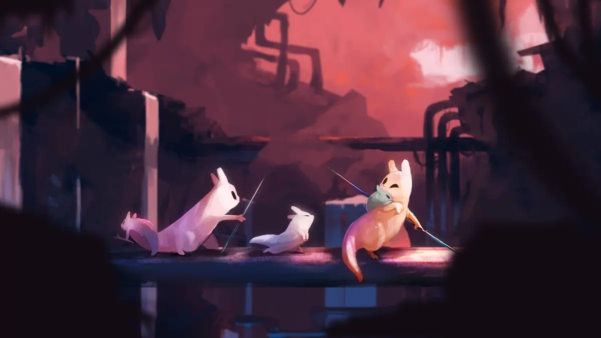 A tiny white slugcat on overgrown ruins while a vulture circles overhead in Rain World.