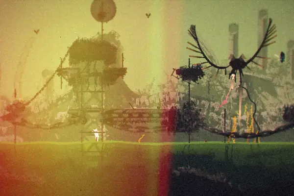 A tiny white slugcat on overgrown ruins in Rain World, with a vulture circling overhead.