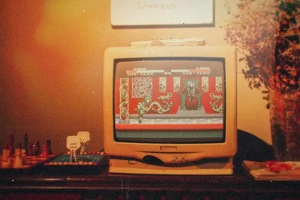 A beige CRT television on a wooden cabinet showing a retro fighting game, with a chess set and dried flowers beside it.