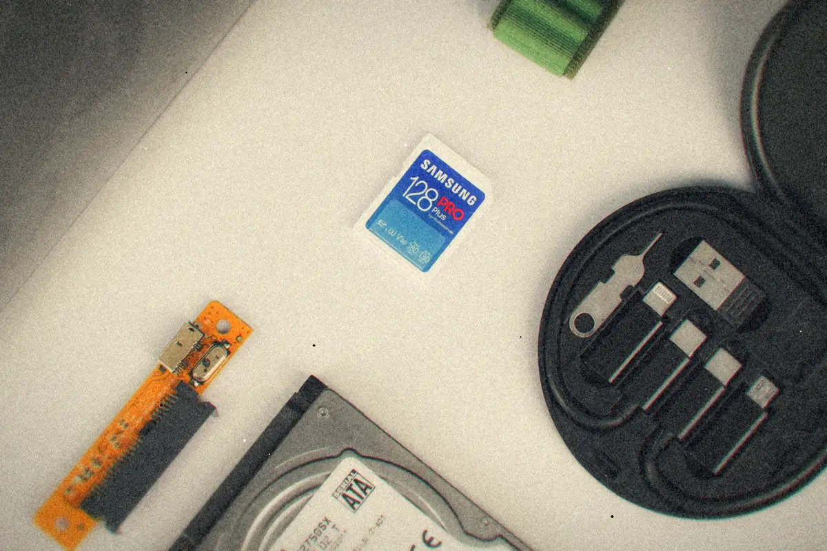 An overhead flat lay of a laptop hard drive, an SD card, a drive adapter board and a round case of cables and adapters on a white desk.