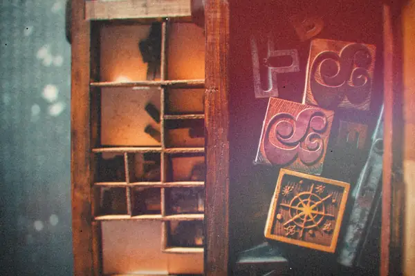 An old wooden type drawer holds carved letterpress blocks and ornaments.
