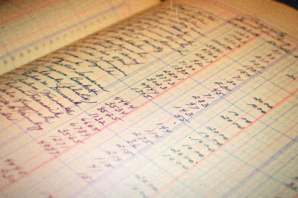 A close-up of a vintage ledger page filled with handwritten entries in columns.