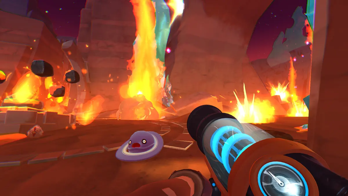 A vacpack aimed at a purple slime in a volcanic area with lava pouring down in the background.