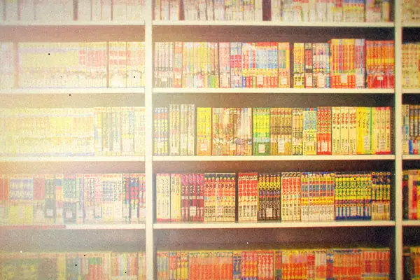 Floor-to-ceiling shelves packed with colorful manga volumes sorted by series.
