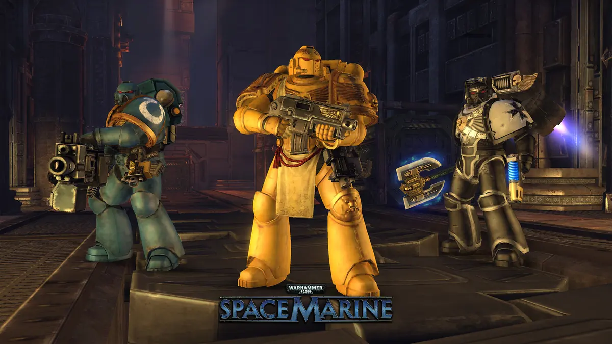 Three Space Marines in blue, yellow and silver armor posing together with their weapons.