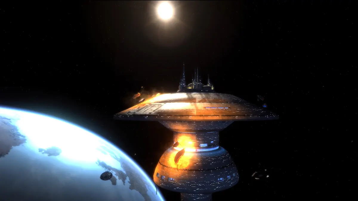 A Starfleet ship leaving a glowing space station above a planet in Star Trek Online.