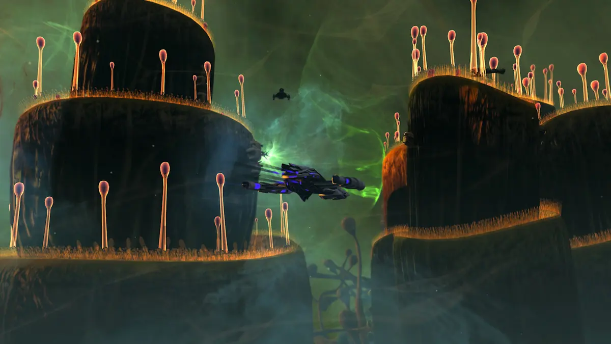 A Starfleet ship flying between towering alien structures glowing green in Star Trek Online.