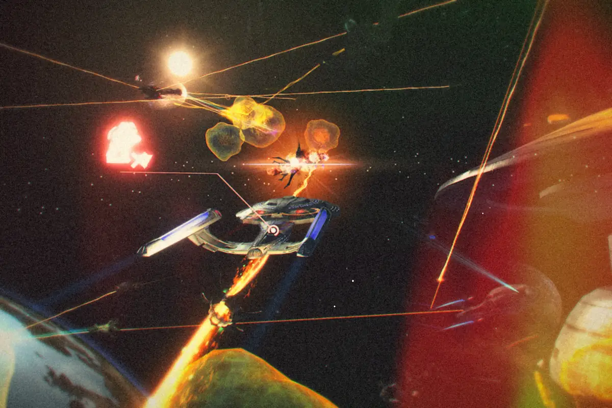 A Starfleet ship in the middle of a space battle beside a starbase in Star Trek Online.