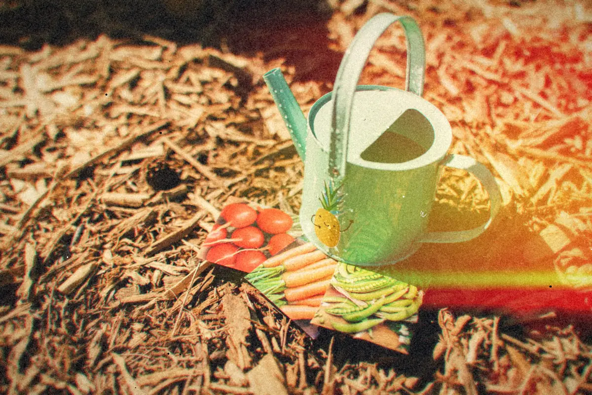 A watering can and seed packets lying on garden mulch.