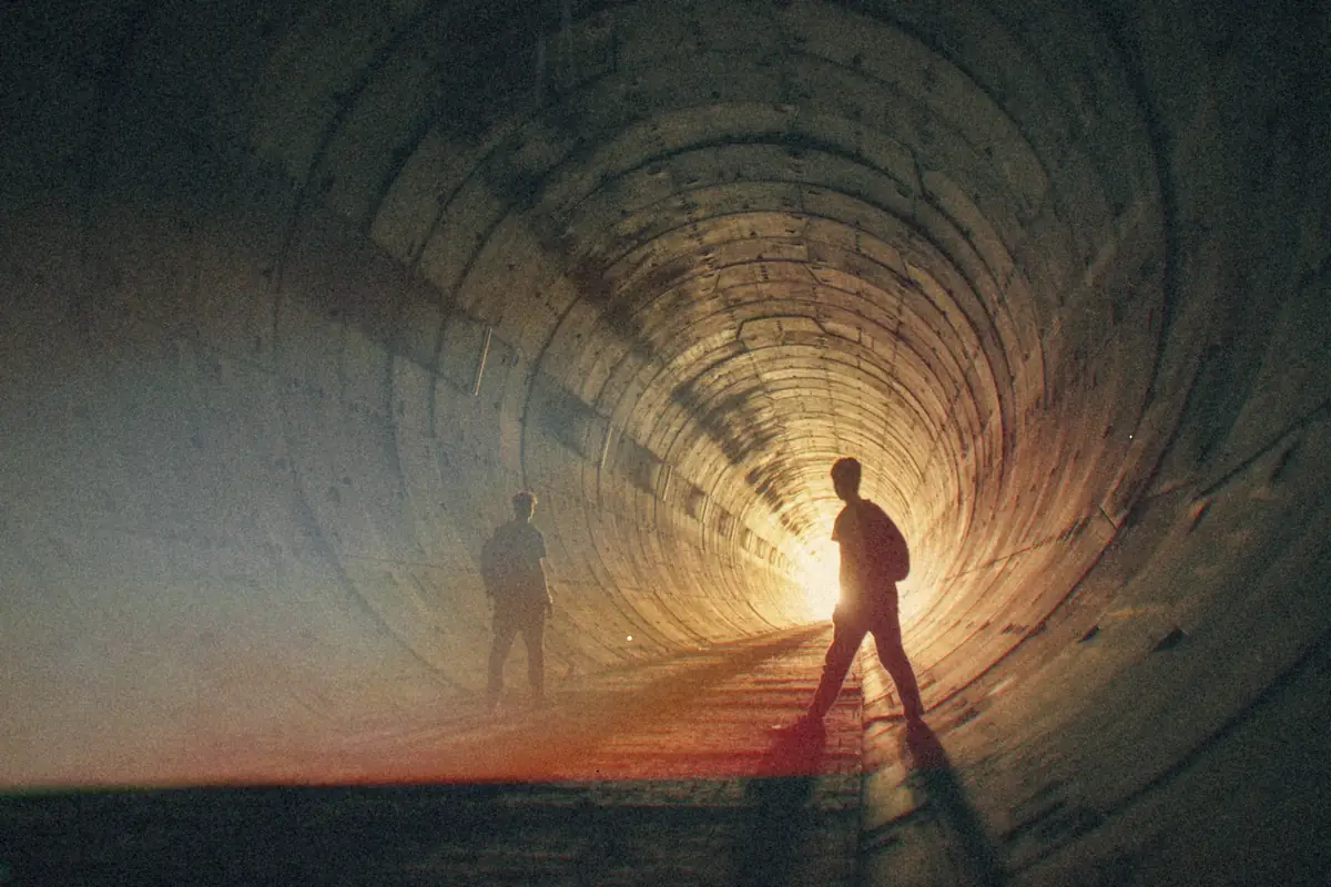 Two people silhouetted in a dark industrial tunnel with light at the far end.